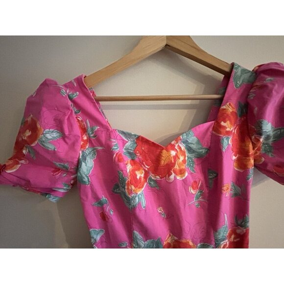Laura Ashley Dress 1980s Pink Floral Orange Pink Cotton Pleated Bow Dress Sz 6 - Picture 4 of 16